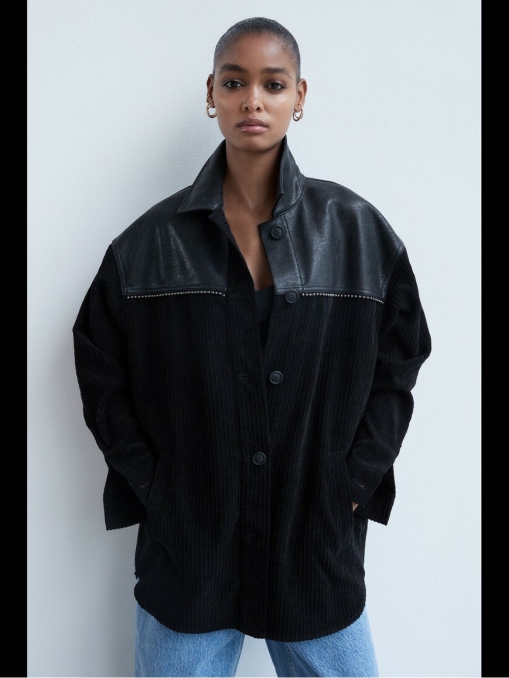 Zara Black Faux Leather Corduroy Button Up Overshirt Shacket Size Large